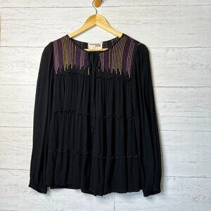 Savanna Jane Blouse Womens Size Medium Black Tiered Colorful Embroidered Stripes